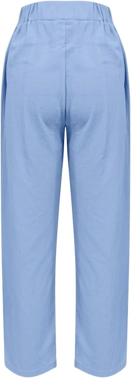 Women's Casual Cotton Linen Pants 2025 Summer Casual Straight Leg Trousers Wide Leg Loose Fit Long Pants with