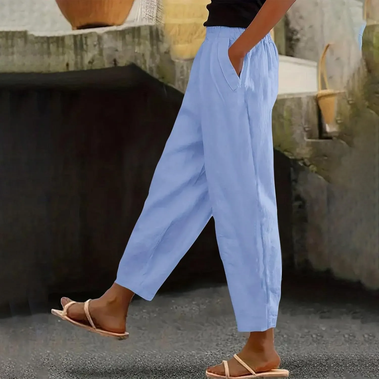 Women's Casual Cotton Linen Pants 2025 Summer Casual Straight Leg Trousers Wide Leg Loose Fit Long Pants with