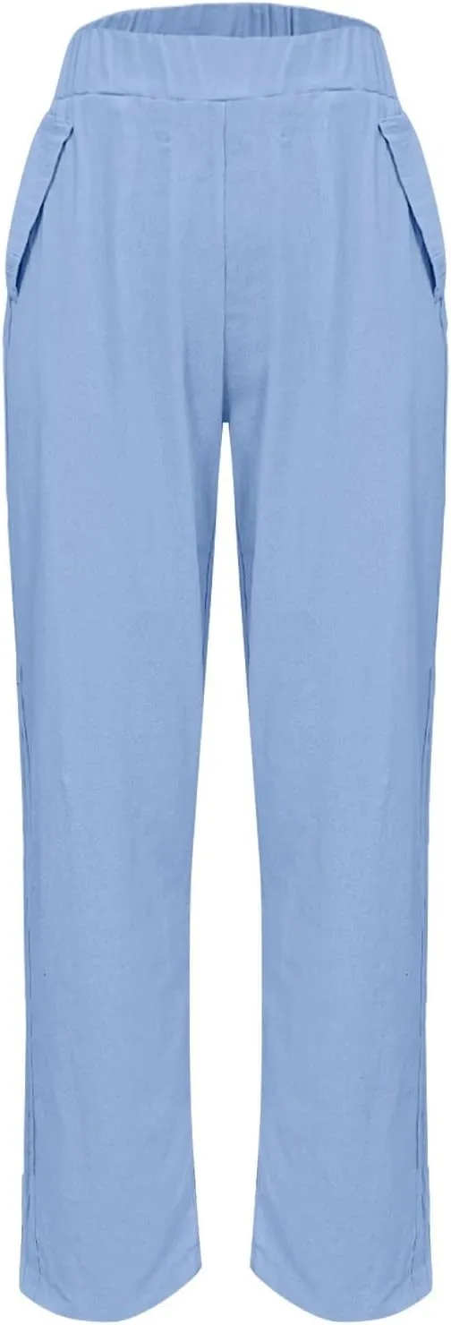 Women's Casual Cotton Linen Pants 2025 Summer Casual Straight Leg Trousers Wide Leg Loose Fit Long Pants with