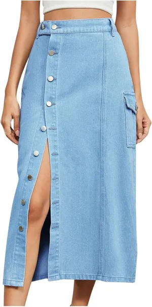 Women's Casual Denim Midi Jean Skirt Elastic High Waisted Button Up Slit Long Denim Skirts with Pockets