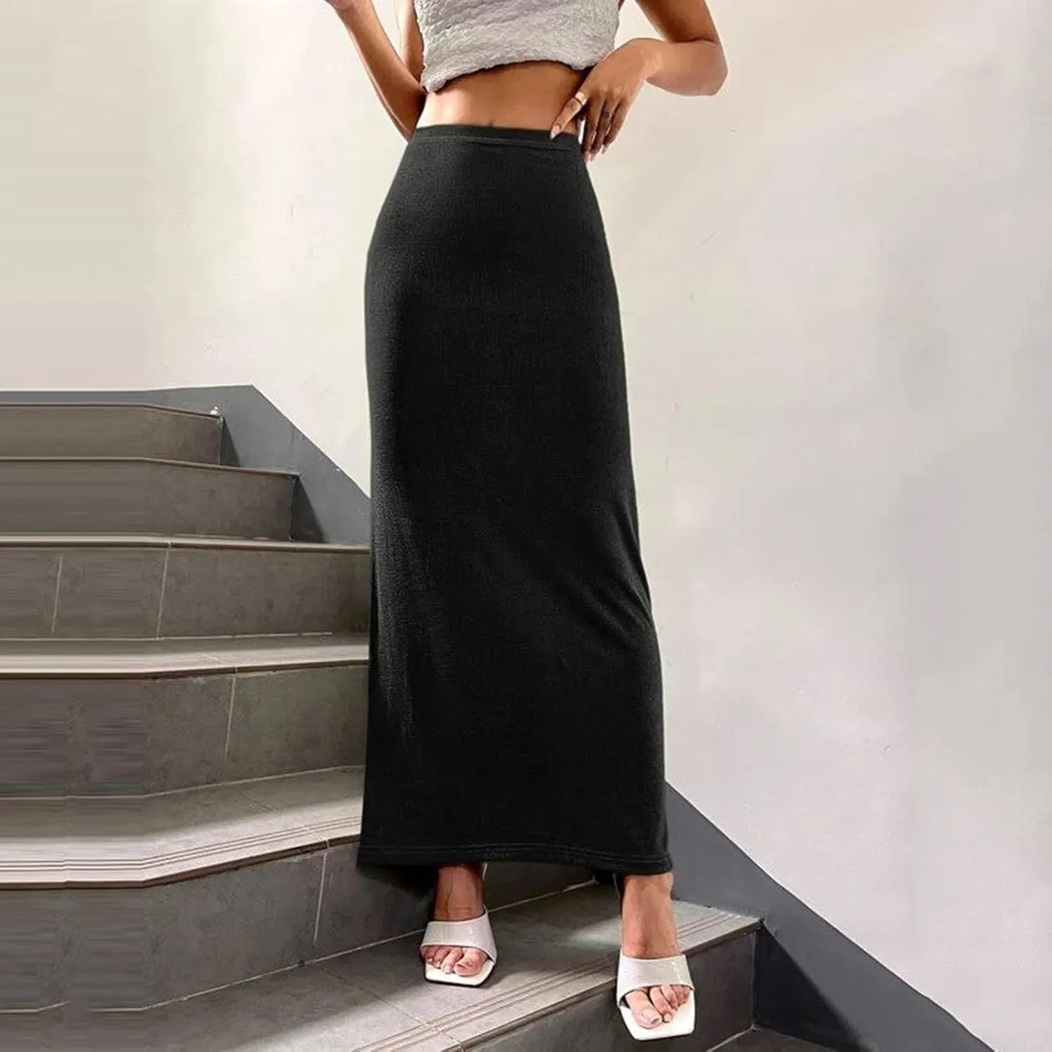 Womens Casual Elastic High Waist Skirts Summer Solid Bodycon Long Maxi Skirt Sexy Slim Trendy Party Half Slip Skirts