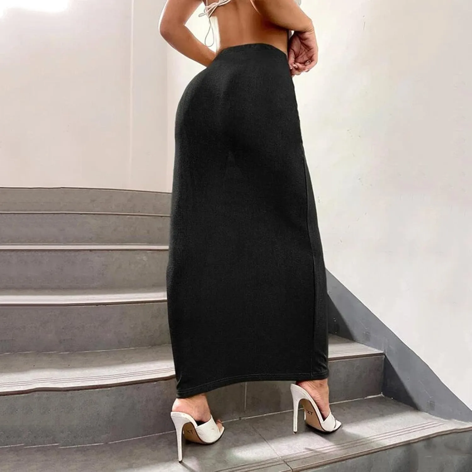 Womens Casual Elastic High Waist Skirts Summer Solid Bodycon Long Maxi Skirt Sexy Slim Trendy Party Half Slip Skirts