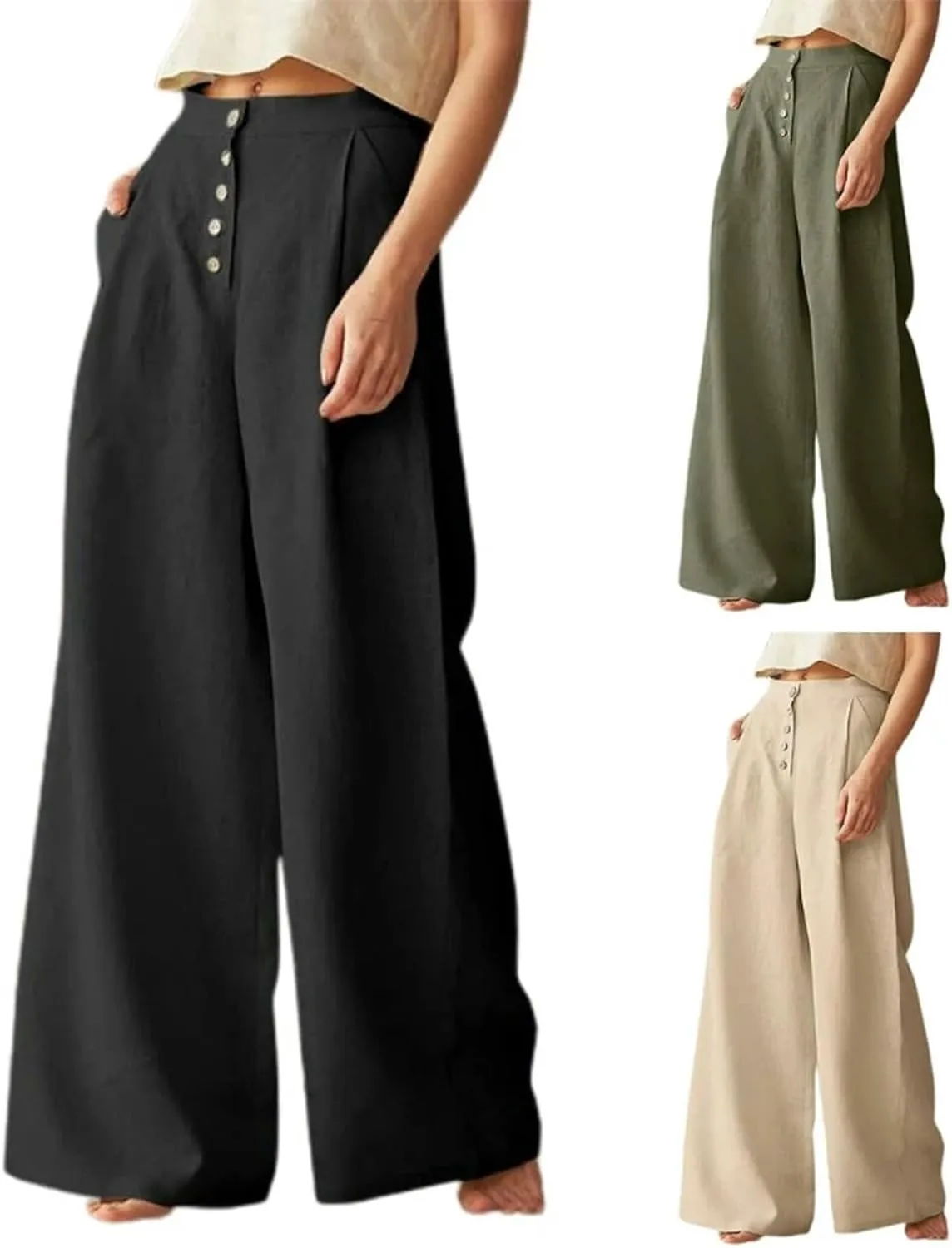 Womens Casual High Waist Wide Leg Pants Button Up Straight Leg Trousers Spring Summer Thin Trousers -Green-5XL