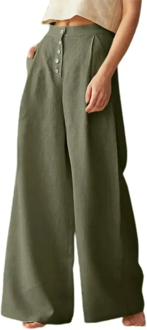 Womens Casual High Waist Wide Leg Pants Button Up Straight Leg Trousers Spring Summer Thin Trousers -Green-5XL