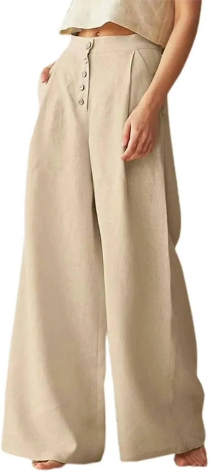 Womens Casual High Waist Wide Leg Pants Button Up Straight Leg Trousers Spring Summer Thin Trousers -Green-5XL