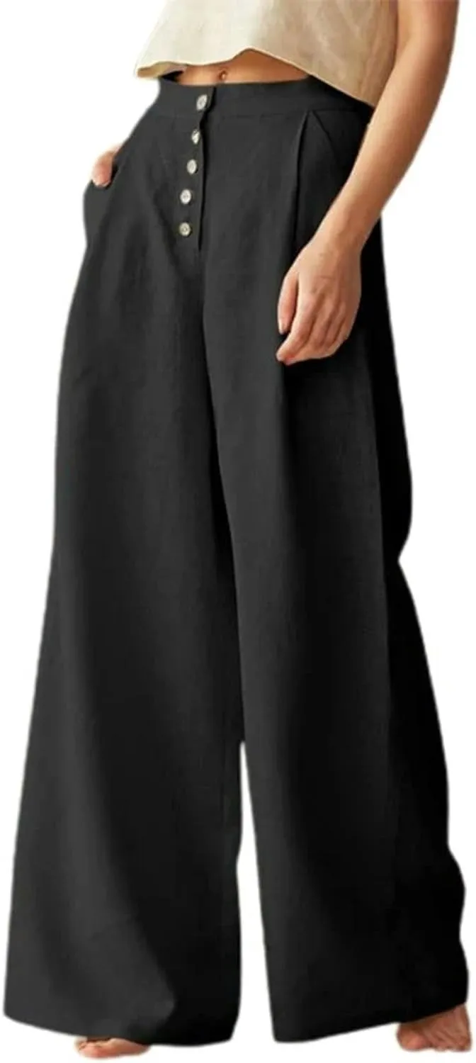 Womens Casual High Waist Wide Leg Pants Button Up Straight Leg Trousers Spring Summer Thin Trousers -Green-5XL