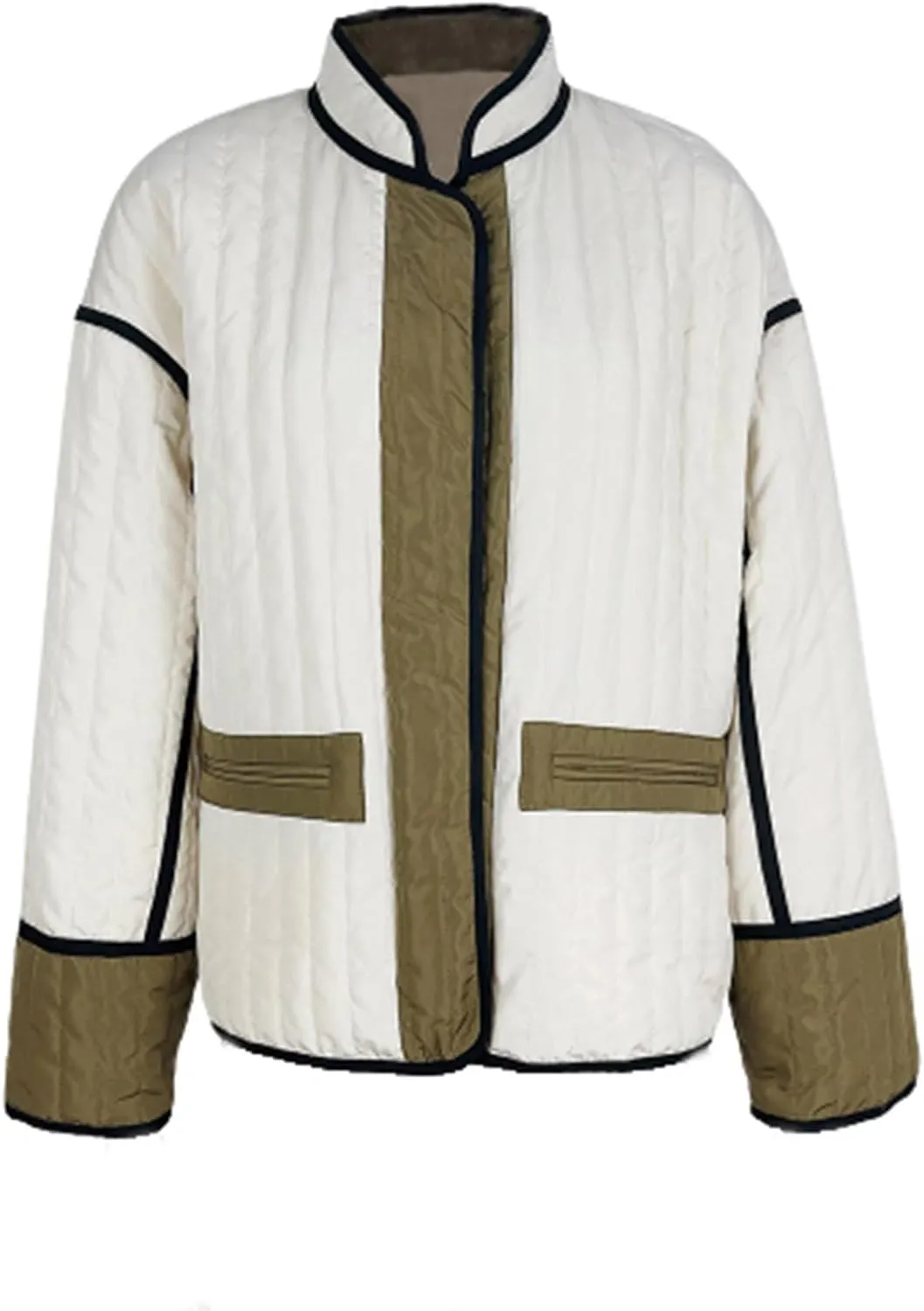 Womens Casual Quilted Jacket Winter Lightweight Color Block Padded Coat Y2k Long Sleeve Cropped Cotton Jackets