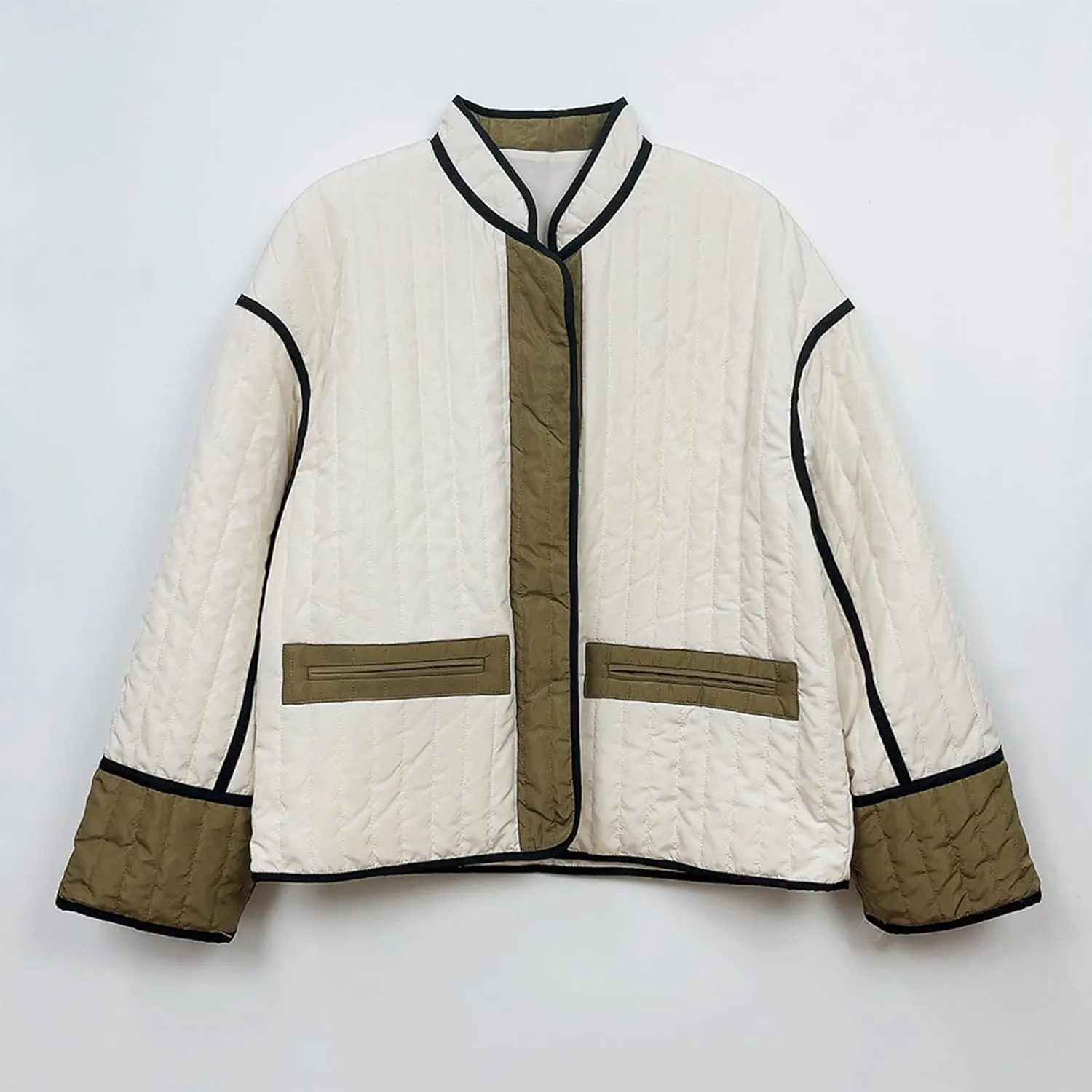 Womens Casual Quilted Jacket Winter Lightweight Color Block Padded Coat Y2k Long Sleeve Cropped Cotton Jackets