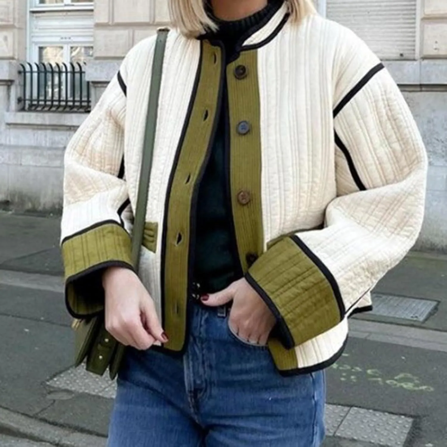 Womens Casual Quilted Jacket Winter Lightweight Color Block Padded Coat Y2k Long Sleeve Cropped Cotton Jackets