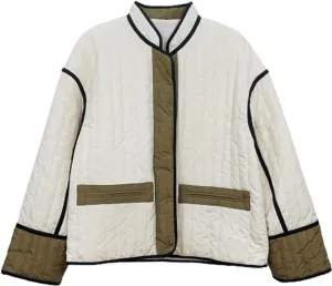 Womens Casual Quilted Jacket Winter Lightweight Color Block Padded Coat Y2k Long Sleeve Cropped Cotton Jackets