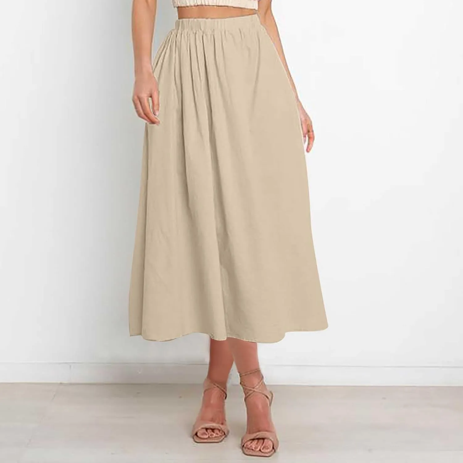 Women's Casual Skirt Elastic High Waist Pleated Flowy A-Line Midi Skirts 2025 Summer Trendy Midi Skirt with Pockets