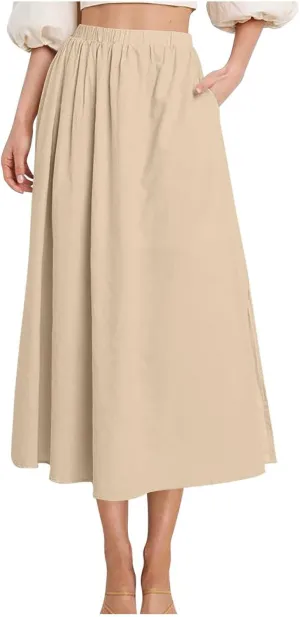 Women's Casual Skirt Elastic High Waist Pleated Flowy A-Line Midi Skirts 2025 Summer Trendy Midi Skirt with Pockets