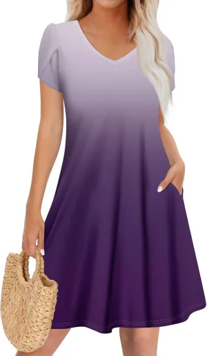 Women's Casual Spring Summer Midi Dress 2025 - Short Sleeve V-Neck Loose Cotton Ruffle Babydoll Dress Boho Sundress