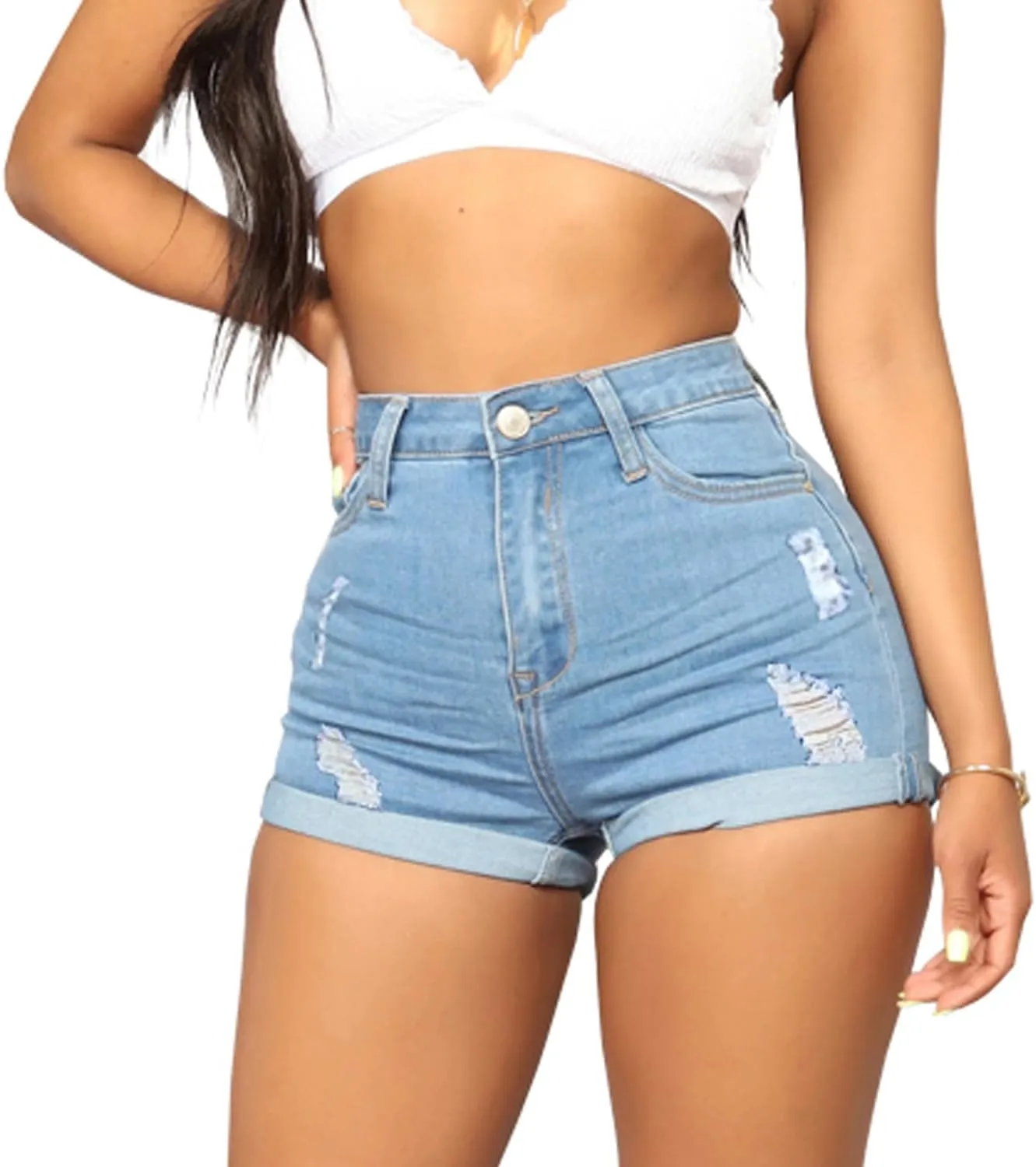 Women's Casual Stretchy Denim Shorts High Waisted Folded Hem Jeans Shorts