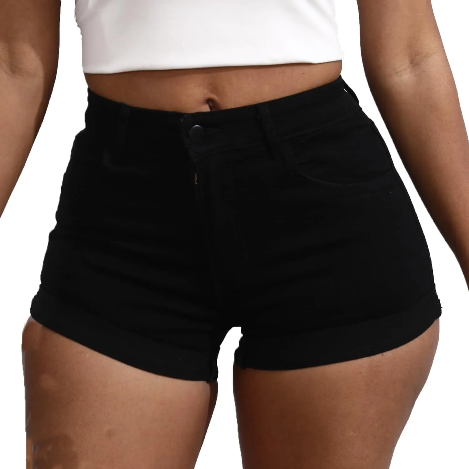 Women's Casual Stretchy Denim Shorts High Waisted Folded Hem Jeans Shorts