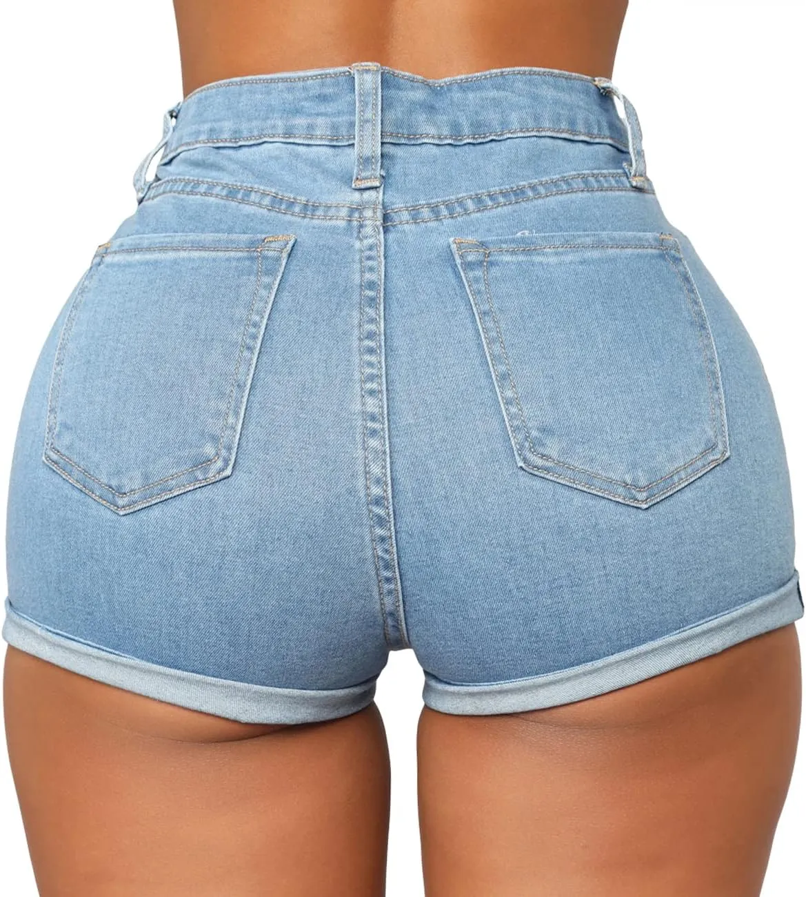 Women's Casual Stretchy Denim Shorts High Waisted Folded Hem Jeans Shorts