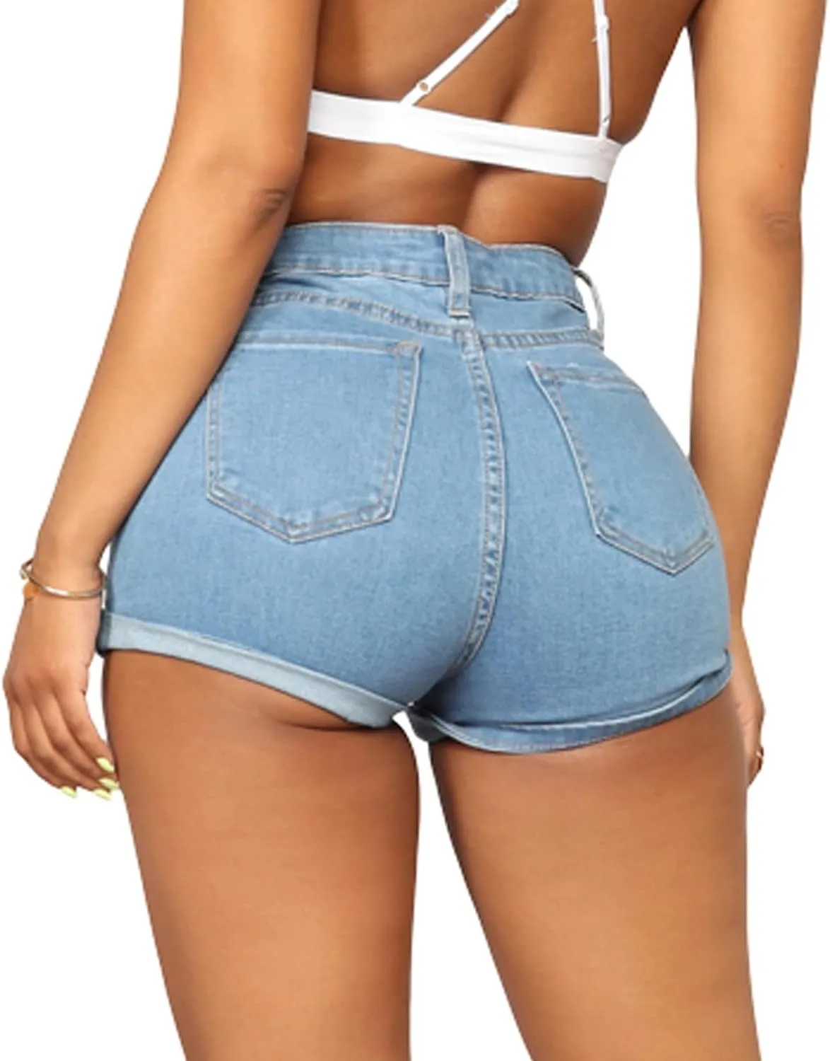 Women's Casual Stretchy Denim Shorts High Waisted Folded Hem Jeans Shorts