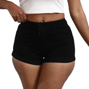 Women's Casual Stretchy Denim Shorts High Waisted Folded Hem Jeans Shorts