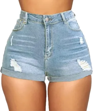 Women's Casual Stretchy Denim Shorts High Waisted Folded Hem Jeans Shorts