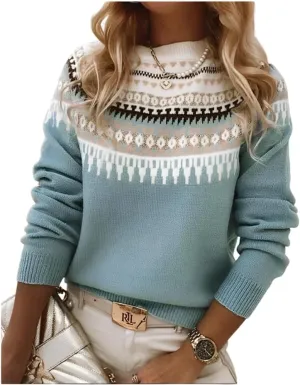 Women's Classic Fair Isle Pattern Knit Sweater 2024 Trendy Casual Loose Crewneck Long Sleeve Lightweight Jumper Tops
