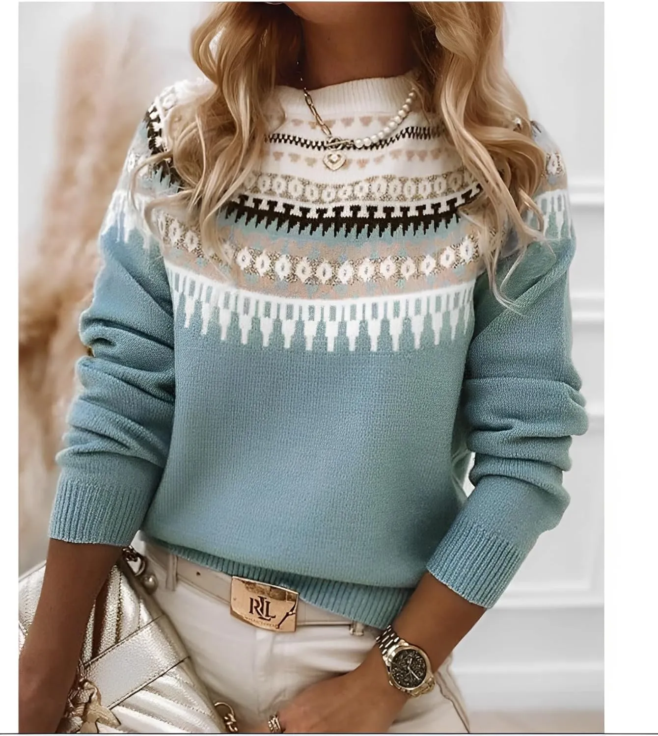 Women's Classic Fair Isle Pattern Knit Sweater 2024 Trendy Casual Loose Crewneck Long Sleeve Lightweight Jumper Tops