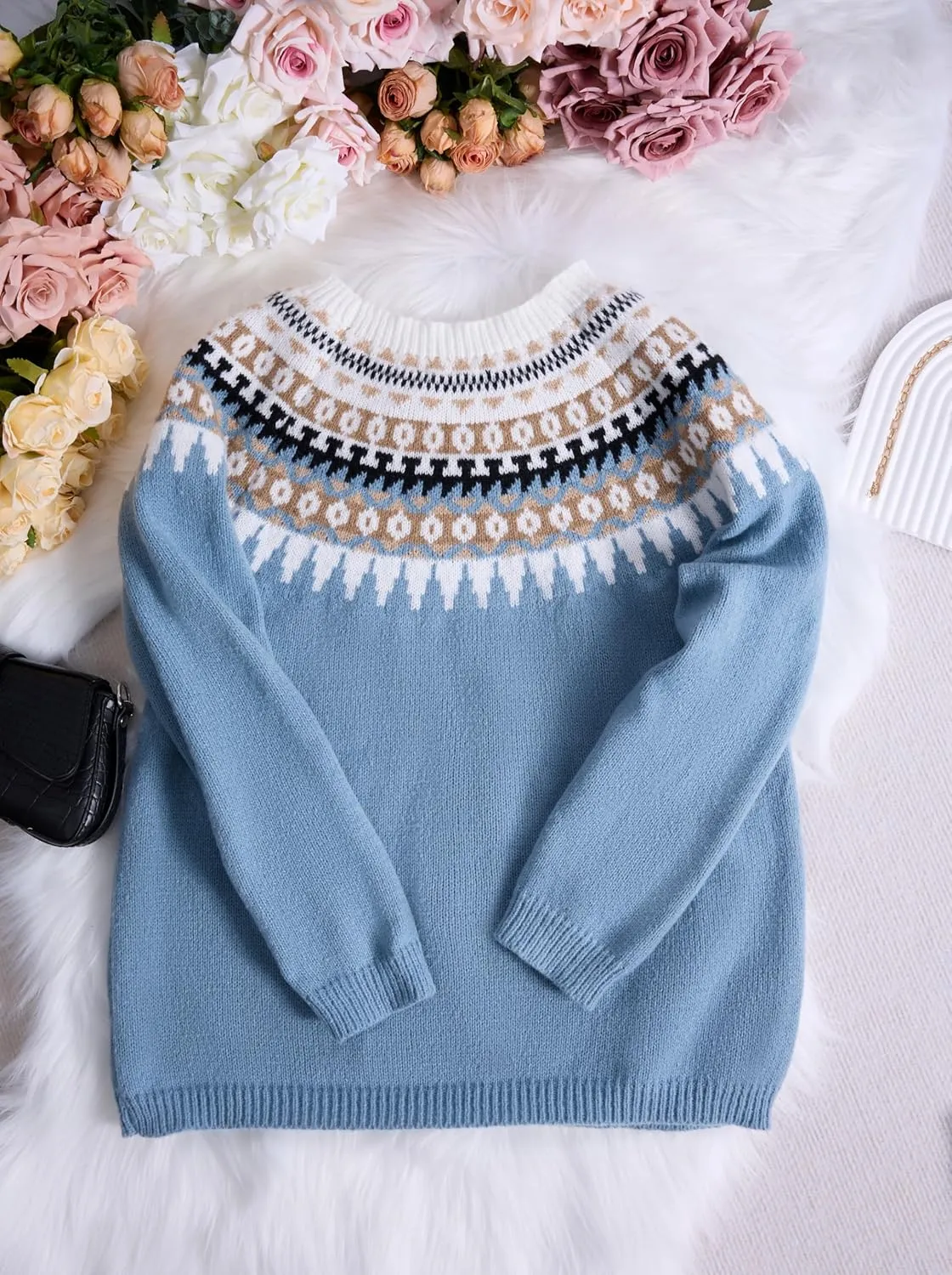 Women's Classic Fair Isle Pattern Knit Sweater 2024 Trendy Casual Loose Crewneck Long Sleeve Lightweight Jumper Tops