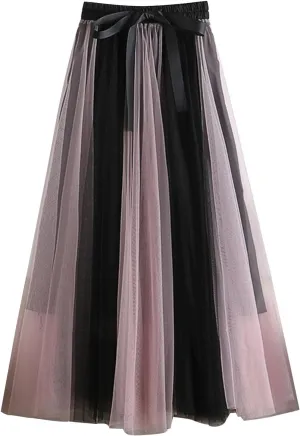Women's Color Block Tulle Skirt Formal Pleated Flowy Midi Length Elastic Waist Tutu Layered Puffy Bow Fairy Skirts