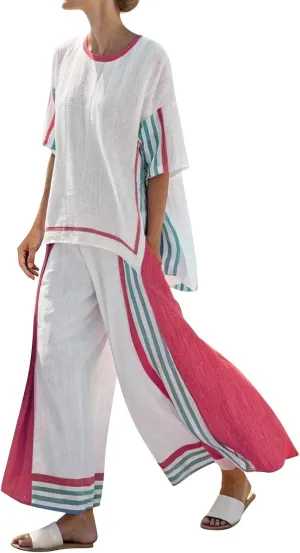 Womens Cotton and Linen Stripe Two Piece Outfits Crew Neck 3/4 Sleeve Tops Wide Leg Pants Set Loose Vacation Lounge Set
