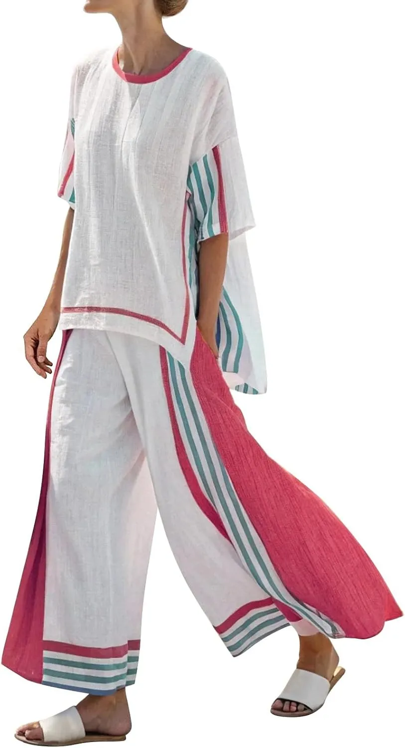 Womens Cotton and Linen Stripe Two Piece Outfits Crew Neck 3/4 Sleeve Tops Wide Leg Pants Set Loose Vacation Lounge Set