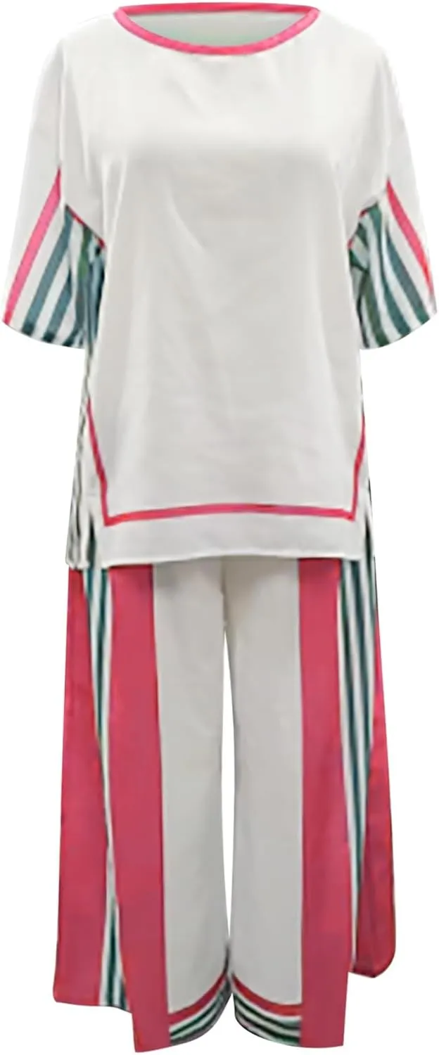 Womens Cotton and Linen Stripe Two Piece Outfits Crew Neck 3/4 Sleeve Tops Wide Leg Pants Set Loose Vacation Lounge Set