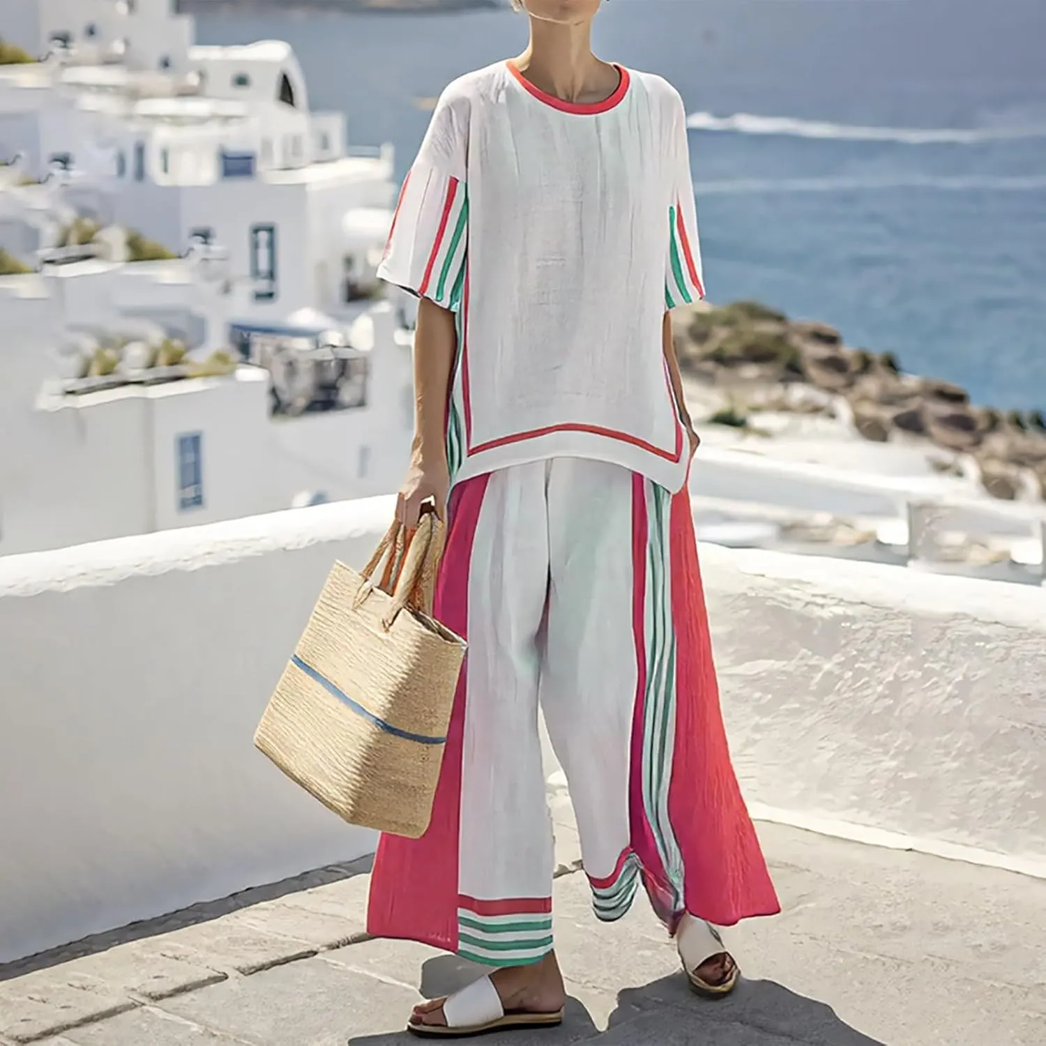 Womens Cotton and Linen Stripe Two Piece Outfits Crew Neck 3/4 Sleeve Tops Wide Leg Pants Set Loose Vacation Lounge Set