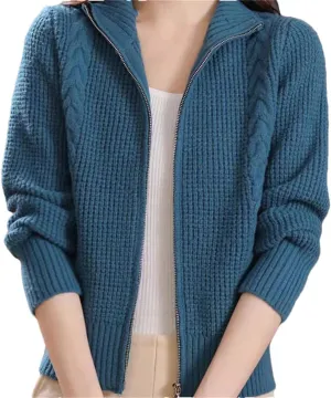 Women's Cotton Cardigan Short Double Zip Sweater Jacket Cable Knit Sweater