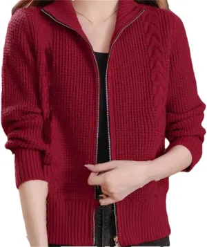 Women's Cotton Cardigan Short Double Zip Sweater Jacket Cable Knit Sweater
