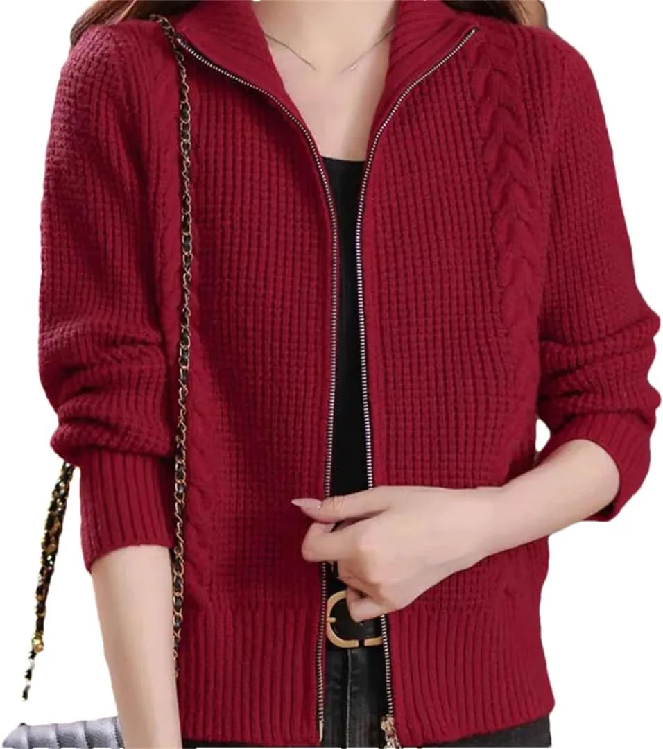 Women's Cotton Cardigan Short Double Zip Sweater Jacket Cable Knit Sweater