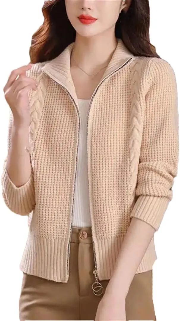 Women's Cotton Cardigan Short Double Zip Sweater Jacket Cable Knit Sweater