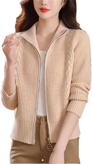 Women's Cotton Cardigan Short Double Zip Sweater Jacket Cable Knit Sweater