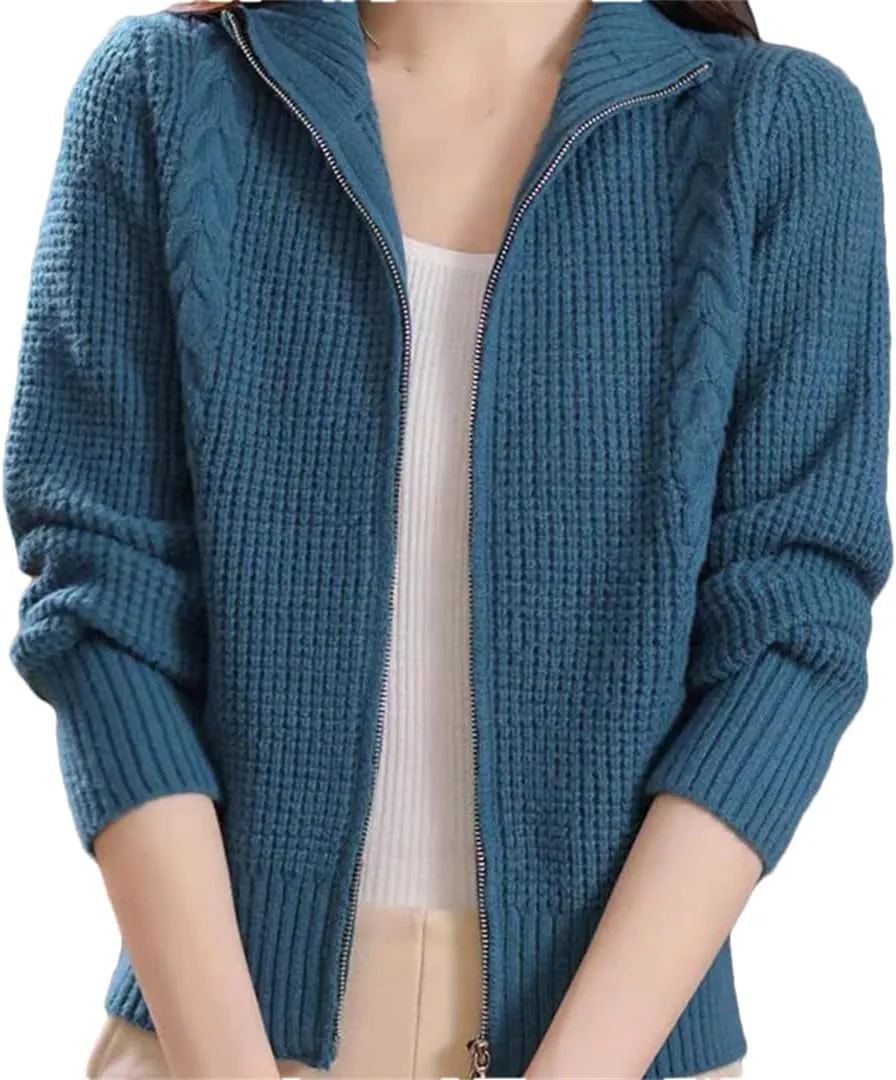 Women's Cotton Cardigan Short Double Zip Sweater Jacket Cable Knit Sweater
