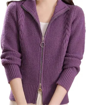 Women's Cotton Cardigan Short Double Zip Sweater Jacket Cable Knit Sweater