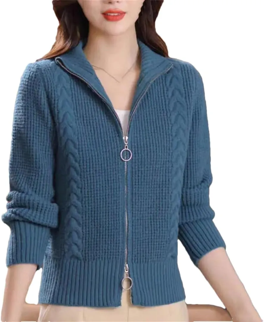 Women's Cotton Cardigan Short Double Zip Sweater Jacket Cable Knit Sweater