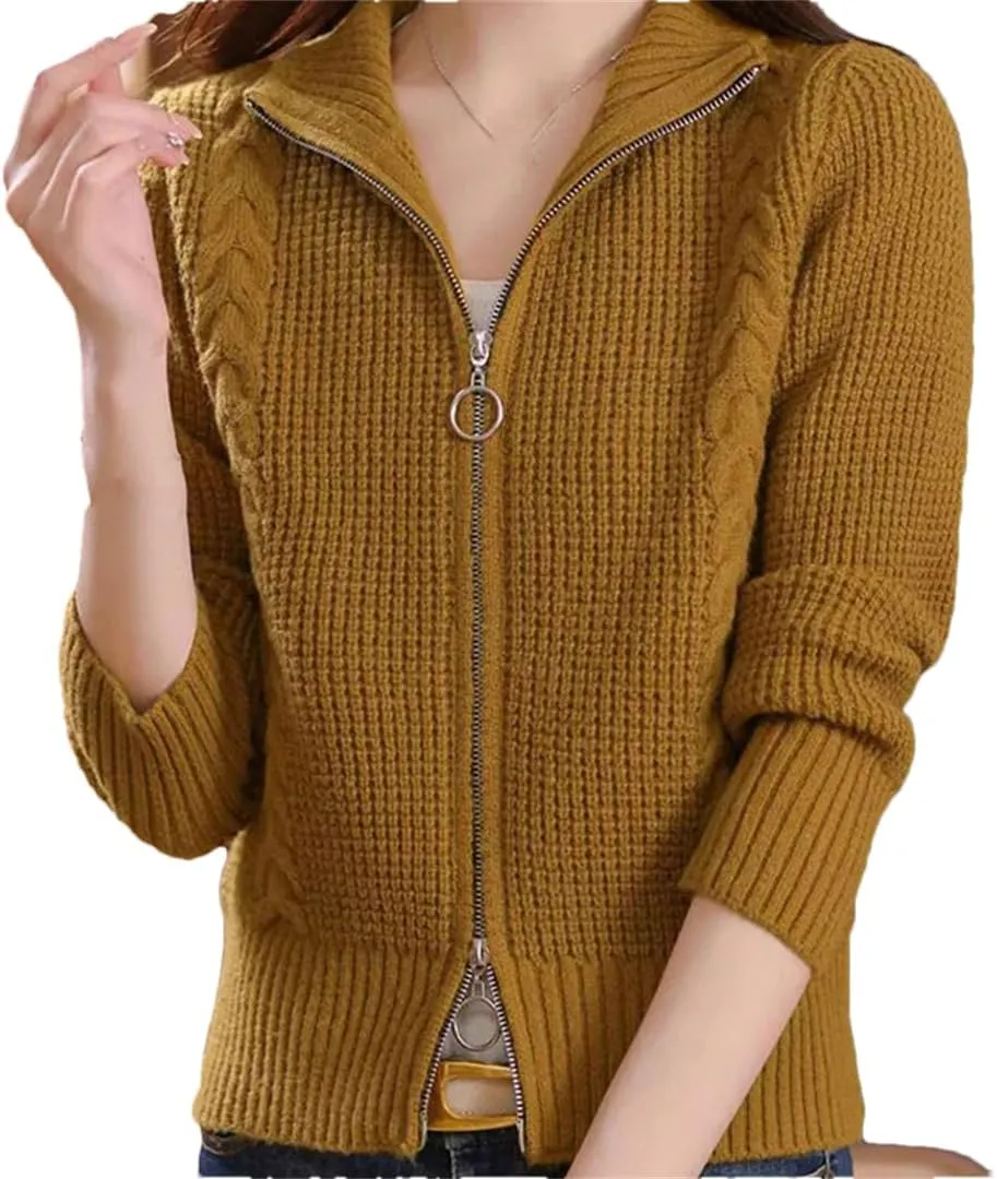 Women's Cotton Cardigan Short Double Zip Sweater Jacket Cable Knit Sweater