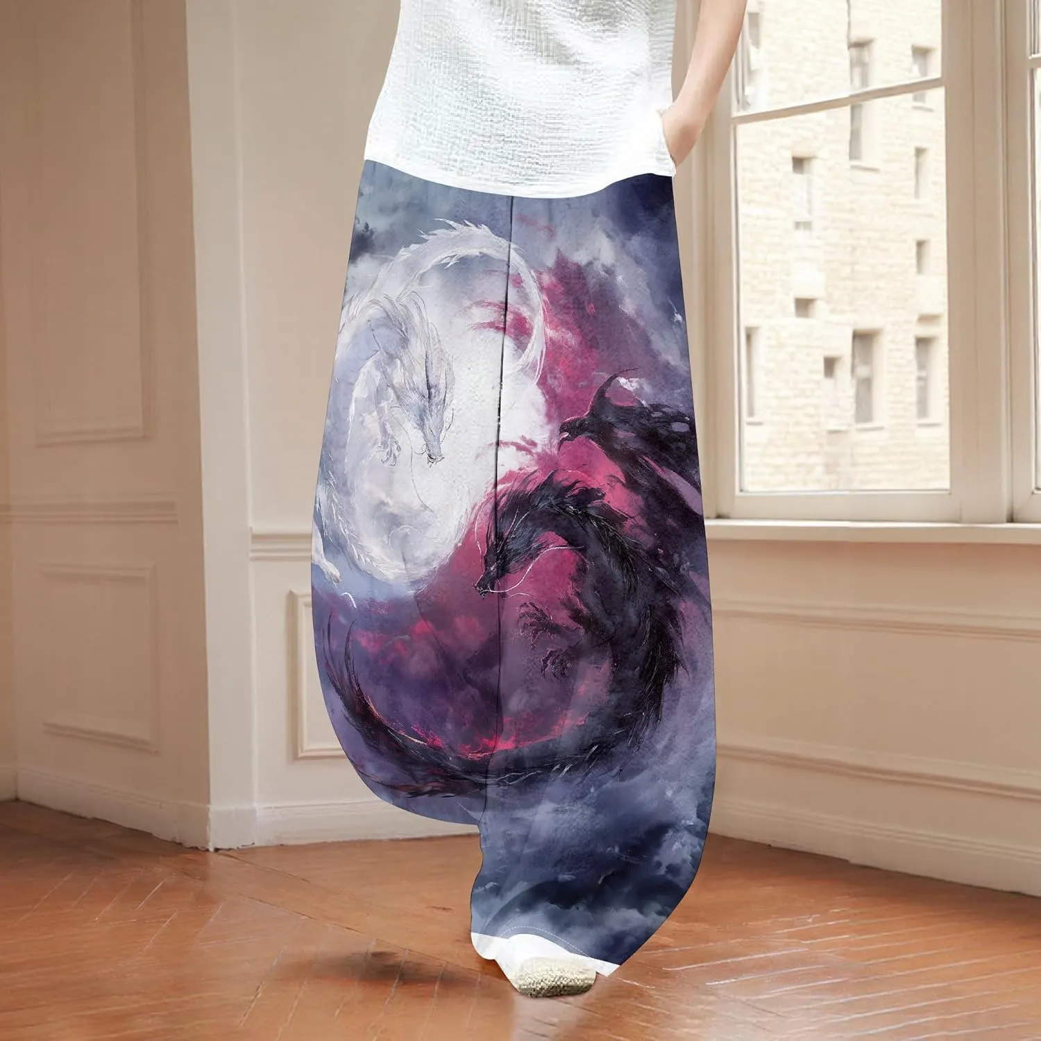 Womens Cotton Linen Blend High Waisted Capri Pants with Pockets Summer Elastic Waist Palazzo Lounge Baggy Trousers