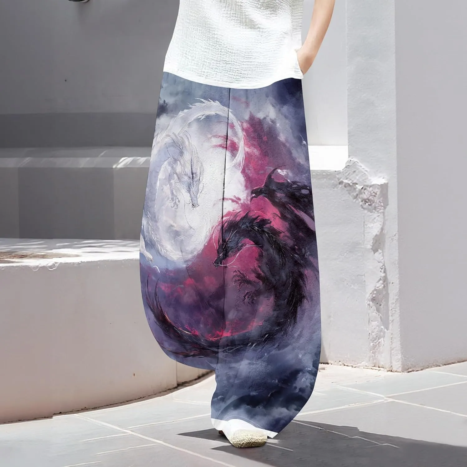 Womens Cotton Linen Blend High Waisted Capri Pants with Pockets Summer Elastic Waist Palazzo Lounge Baggy Trousers