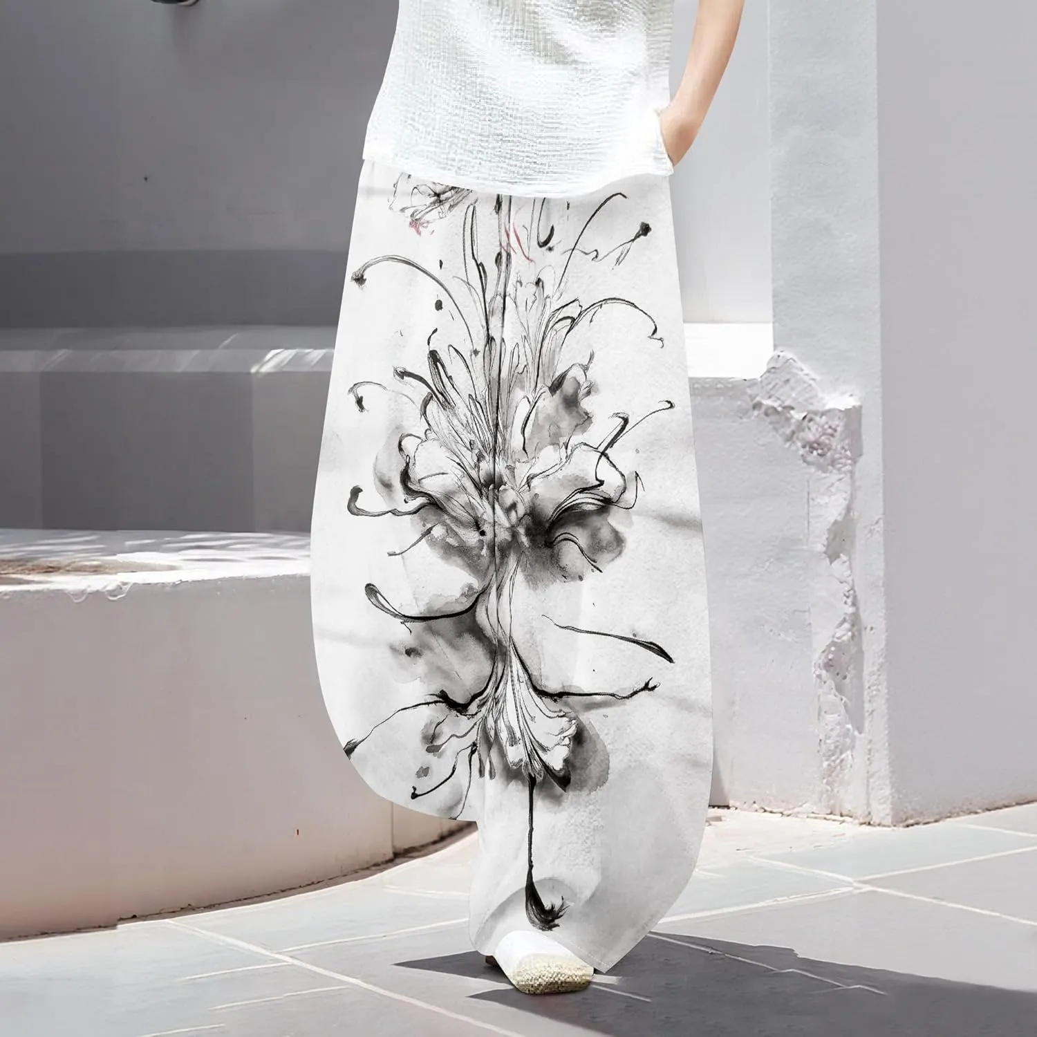 Womens Cotton Linen Blend High Waisted Capri Pants with Pockets Summer Elastic Waist Palazzo Lounge Baggy Trousers