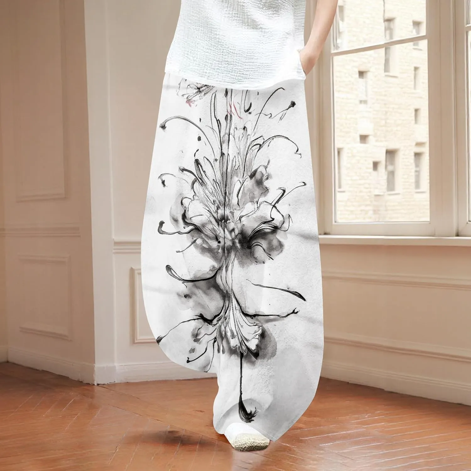 Womens Cotton Linen Blend High Waisted Capri Pants with Pockets Summer Elastic Waist Palazzo Lounge Baggy Trousers