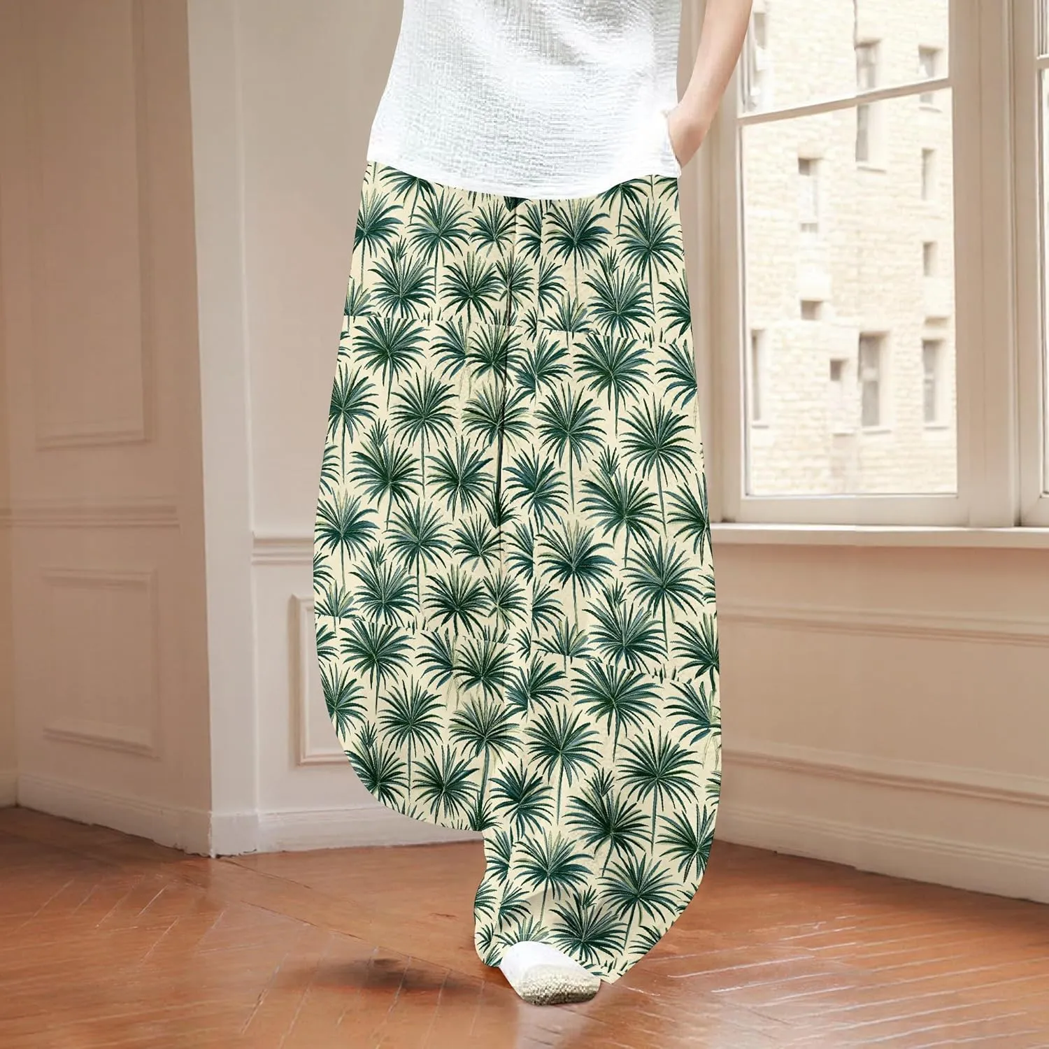 Womens Cotton Linen Low Waisted Harem Pants with Pockets Summer Casual Baggy Elastic Waist Palazzo Lounge Trousers