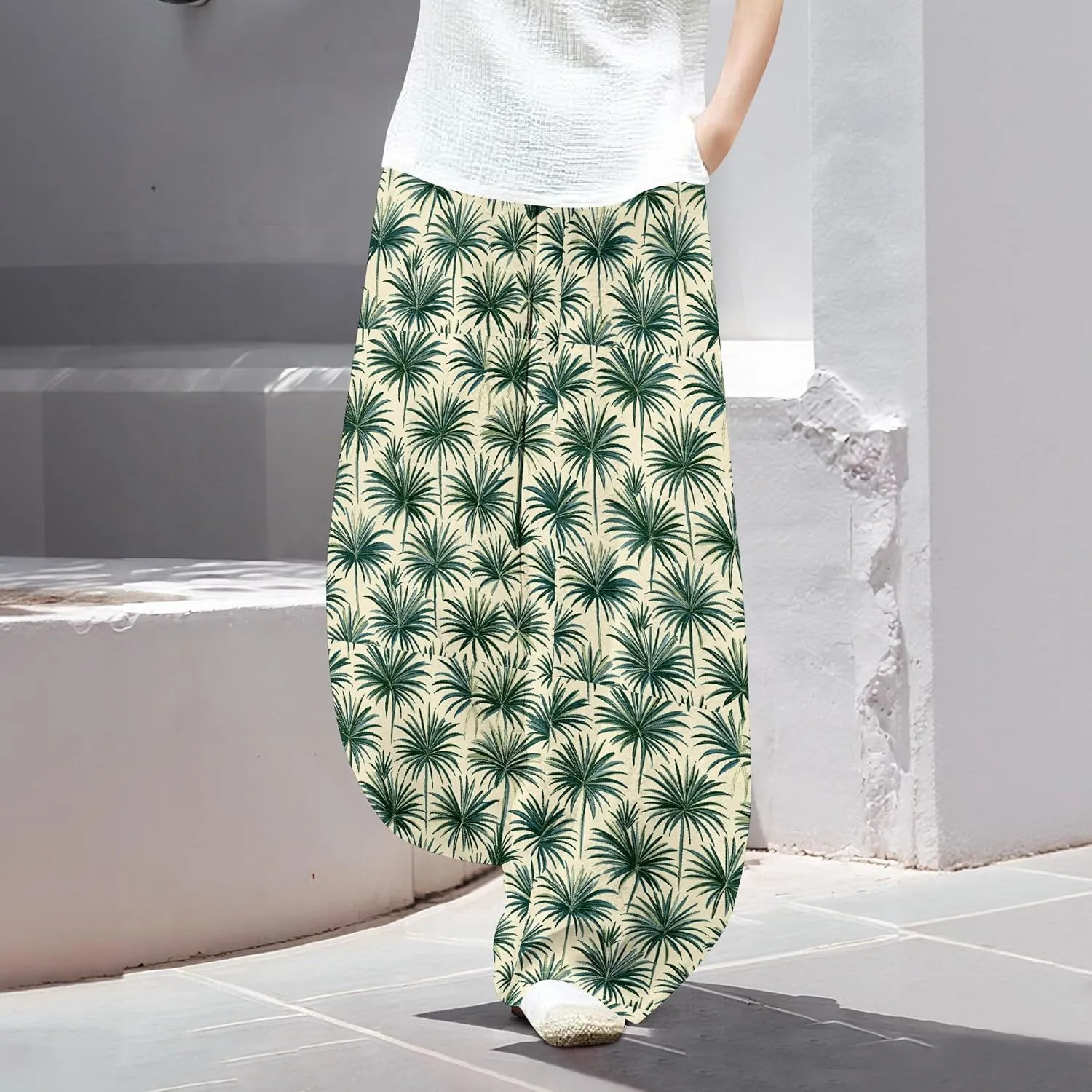 Womens Cotton Linen Low Waisted Harem Pants with Pockets Summer Casual Baggy Elastic Waist Palazzo Lounge Trousers
