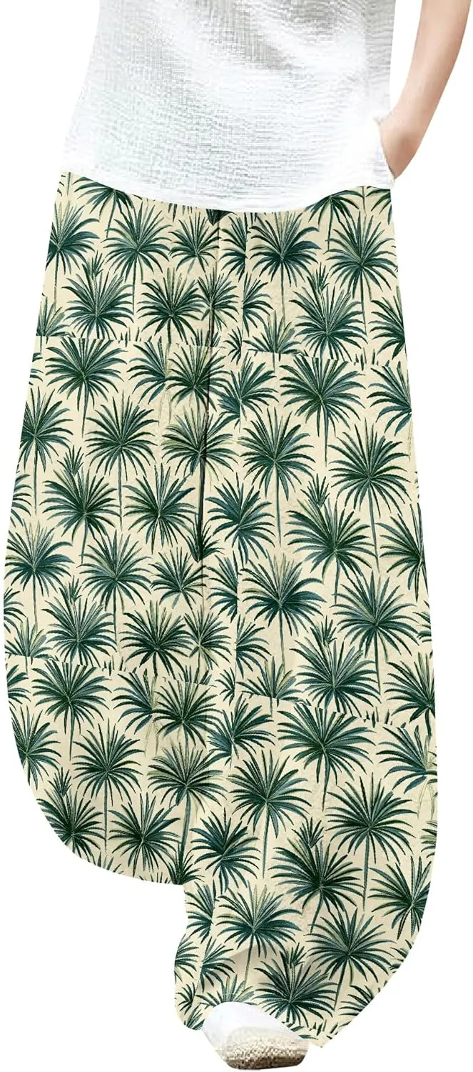 Womens Cotton Linen Low Waisted Harem Pants with Pockets Summer Casual Baggy Elastic Waist Palazzo Lounge Trousers