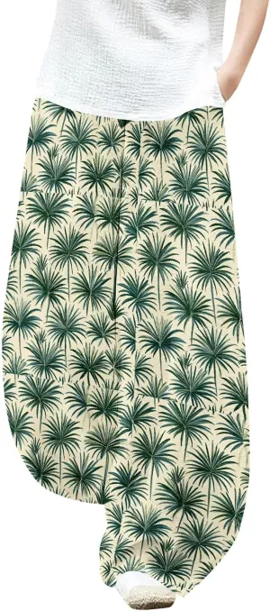 Womens Cotton Linen Low Waisted Harem Pants with Pockets Summer Casual Baggy Elastic Waist Palazzo Lounge Trousers