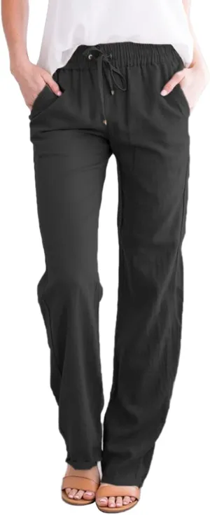 Women's Cotton Linen Palazzo Pants Summer Solid Color Drawstring Wide Leg Loose Beach Trousers with Pockets