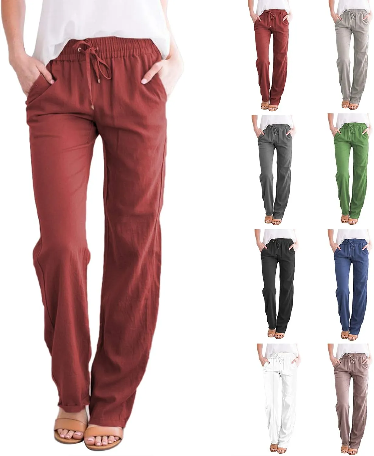 Women's Cotton Linen Palazzo Pants Summer Solid Color Drawstring Wide Leg Loose Beach Trousers with Pockets